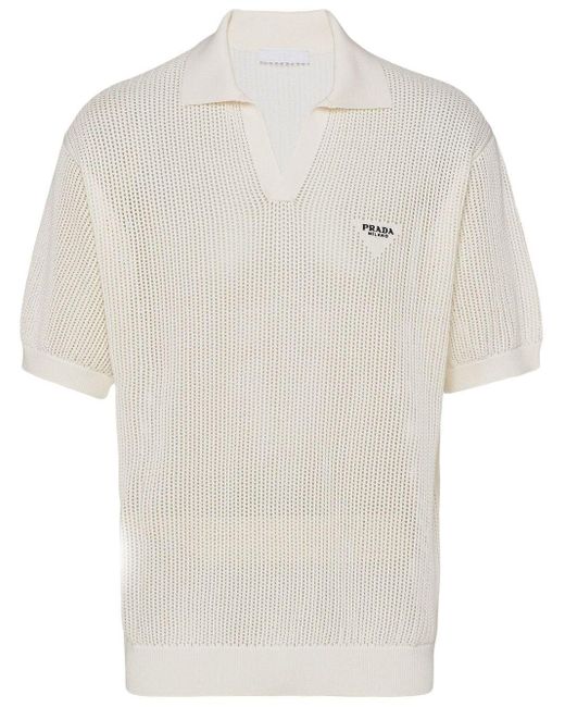 Prada White Open-knit Polo Shirt for men
