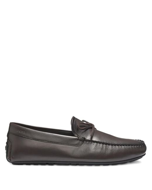 Boss Gray Leather Driver Moccasins With Bow Trim for men