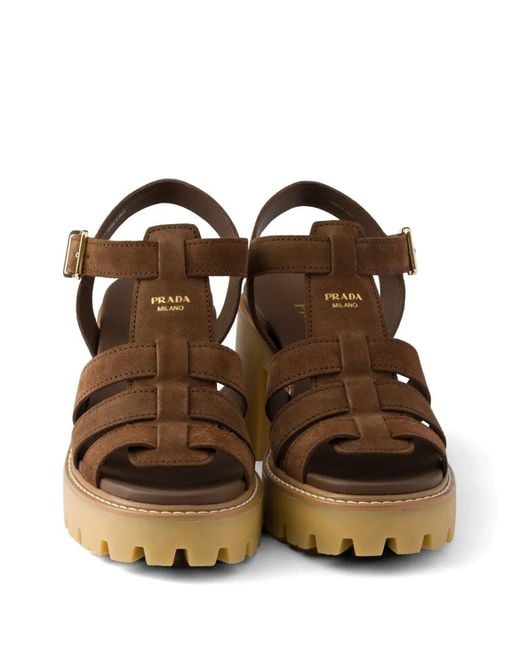 Prada Brown High-Heeled Suede Platform Sandals
