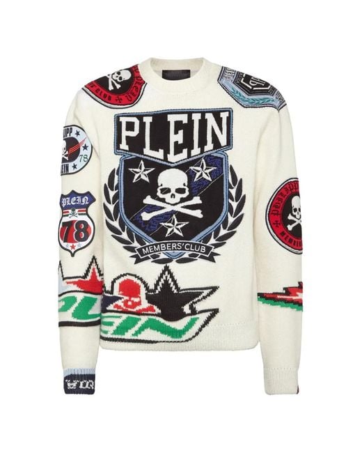 Philipp Plein White Patches Round-Neck Sweater for men