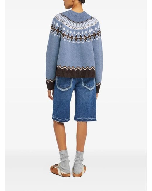 Alanui Blue Geometric Pattern Wool Crewneck Sweater