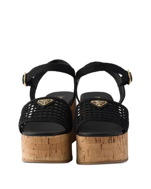 Prada Black Crochet Wedge Platform Sandals
