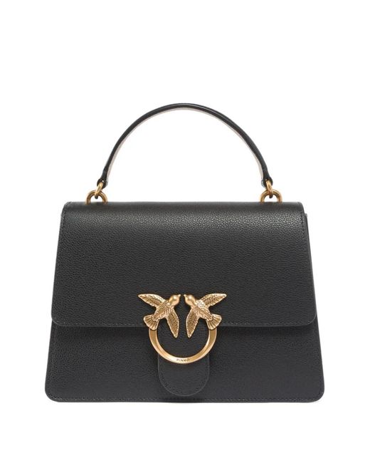 Pinko Black Medium Love Birds Calfskin Tote Bag
