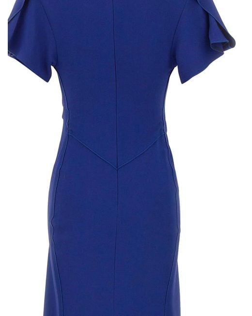 Victoria Beckham Blue Eve Bright Viscose Blend Stretch Cady Midi Dress With Pleated Detail