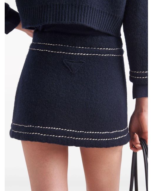 Prada Blue Contrast-stitching Cashmere Miniskirt