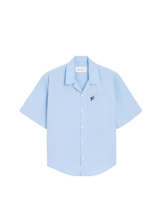 AMI Blue Cotton Short Sleeves Tulip Boxy Fit Shirt
