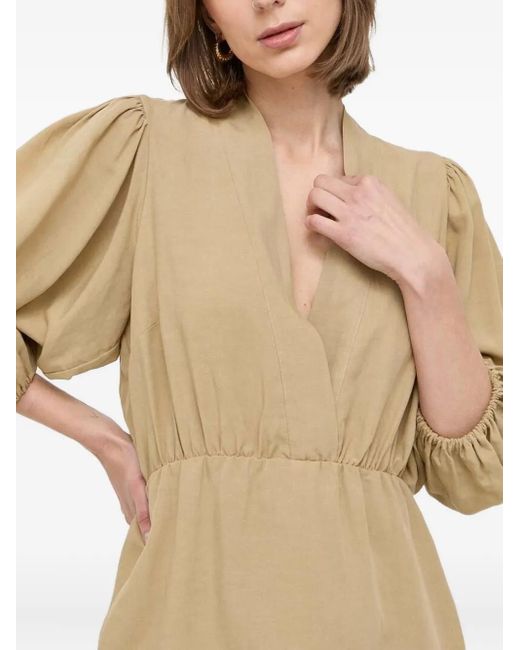 Notes Du Nord Natural Puff-Sleeve V-Neck Dress