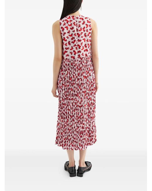 Jil Sander Red Floral Pleated Midi Dress