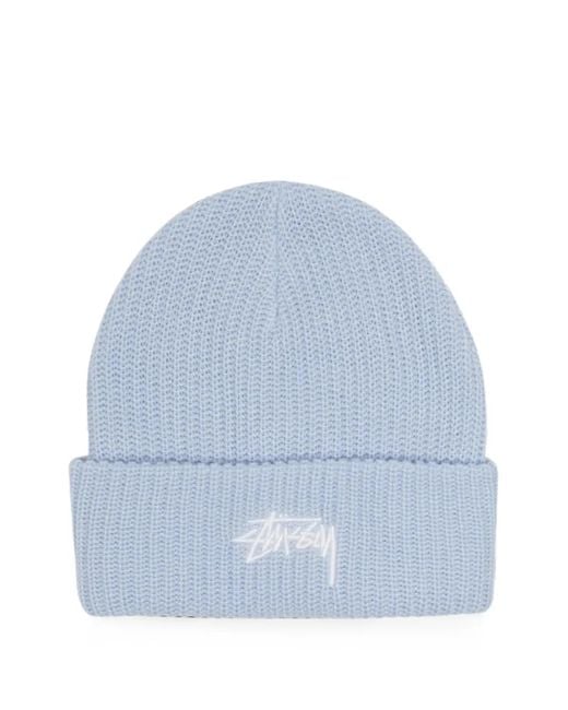 Stussy Blue Ribbed-Knit Turn-Up Cuff Beanie Hat for men