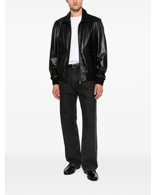 SERGIO MORETTI FIRENZE Black Ribbed-Trim Leather Jacket for men