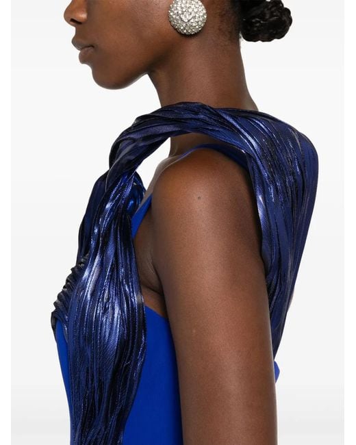 Gaby Charbachy Blue Metallic-Effect Draped Gown