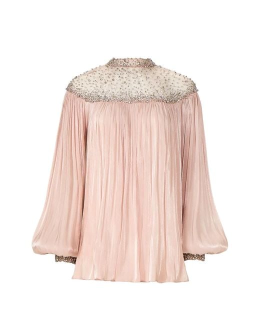 Costarellos Pink Timea Crystal-Embellished Balloon-Sleeve Blouse