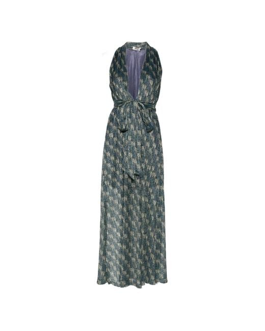 Siyu Blue Printed V-Neck Maxi Dress