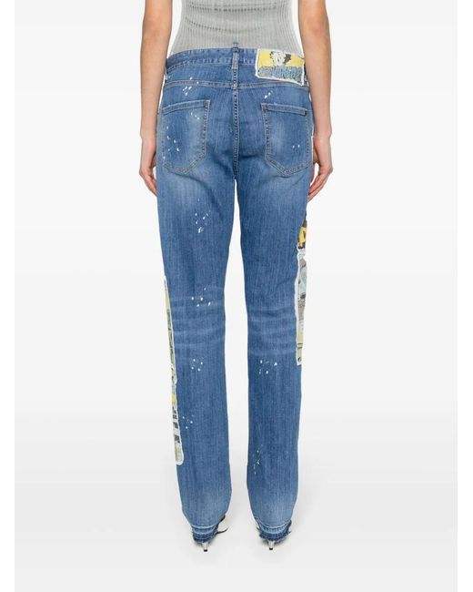 DSquared² Blue Patch-Detail Straight-Leg Jeans