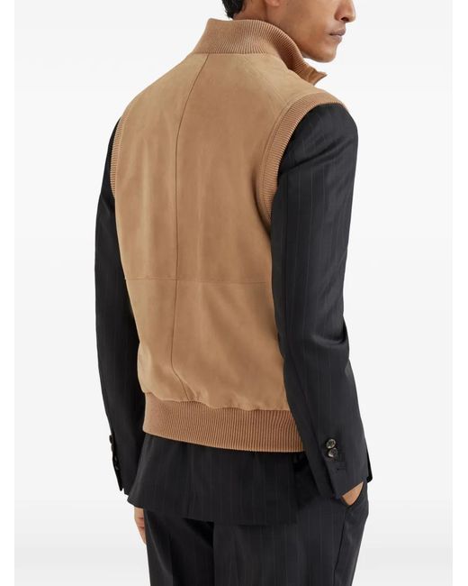 17457✨ブルネロクチネリ ダブル スエード ベスト 切替 ツイード レザー Brunello Cucinelli メンズ ナチュラル パデッド スエードベストの通販
