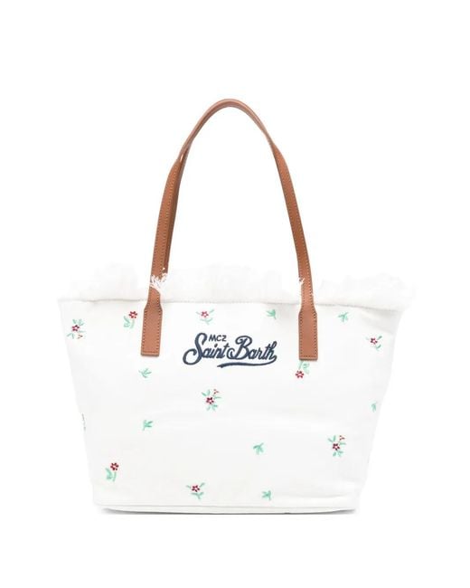Mc2 Saint Barth White Medium City Floral-Embroidered Tote Bag