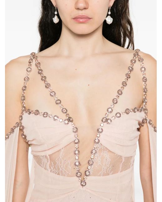 Nissa Pink Crystal-Embellished Open-Back Lace Gown