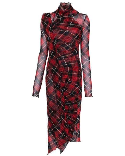 Jean Paul Gaultier Red Asymmetric Plaid Mesh Midi Dress