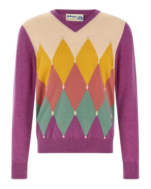 Ballantyne Pink Argyle-Pattern V-Neck Sweater for men