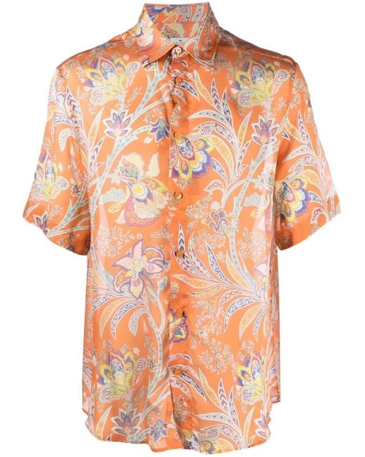 Etro Orange Printed Silk Shirt for men