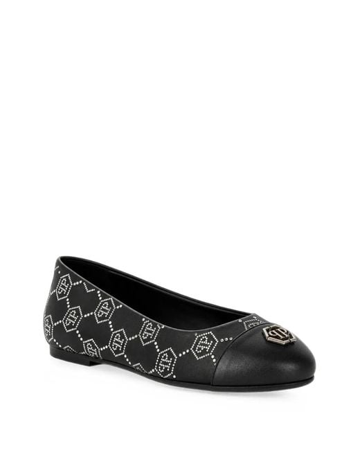 Philipp Plein Black Nappa-Leather Ballerina Flats Monogram Strass