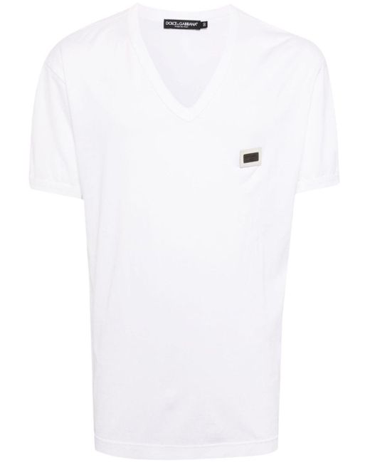 Dolce & Gabbana White Logo-patch V-neck Cotton T-shirt for men