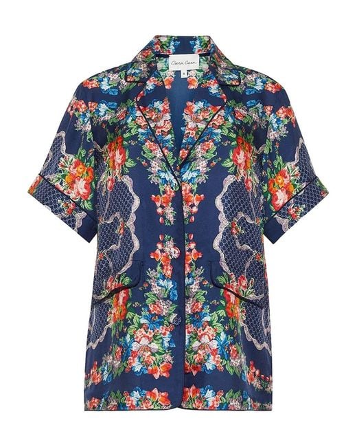 Cara Cara Blue Portofino Floral-Print Short-Sleeve Top