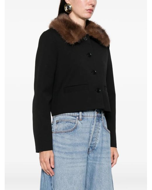 Maje Black Cropped Jacket With Removable Fur Collar