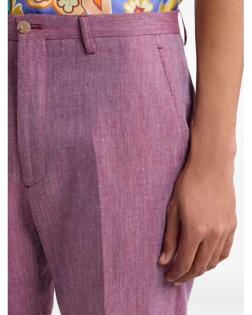 Etro Purple Slub Linen Trousers for men