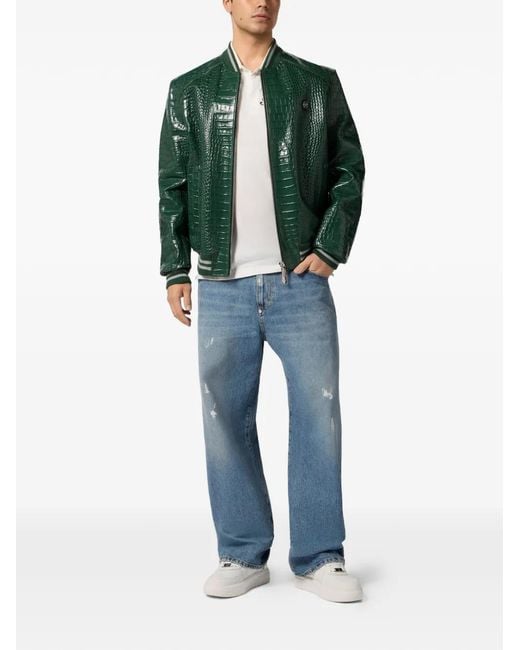 Philipp Plein Green Leather Bomber Jacket for men