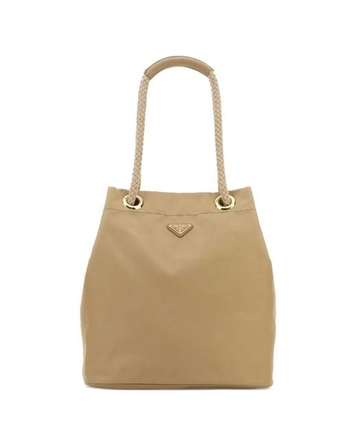 Prada Natural Large Rope-Handle Logo-Plaque Bucket Bag