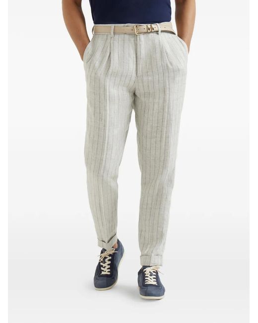 Brunello Cucinelli Gray Striped Pleated Trousers for men