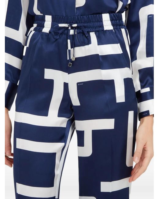 Kiton Blue Geometric-Print Silk Trousers