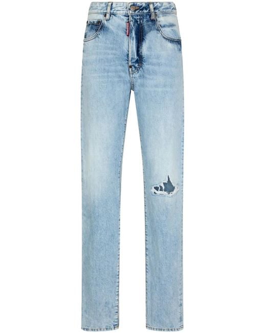 DSquared² Blue Ripped-Detail Slim-Cut Jeans