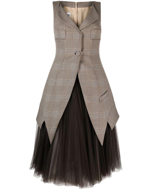 Moschino Brown Glen Plaid Tulle-underlayer Midi Dress