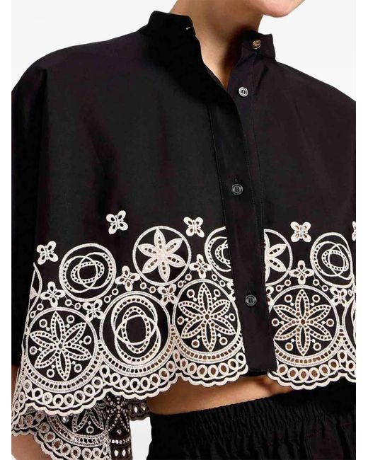LaDoubleJ Black Mini Foulard Sangallo-Embroidered Cropped Shirt