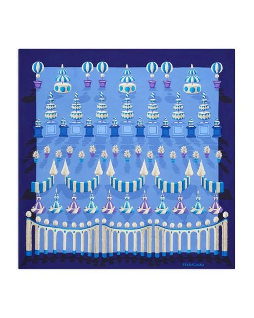 Ferragamo Blue Printed Silk Scarf