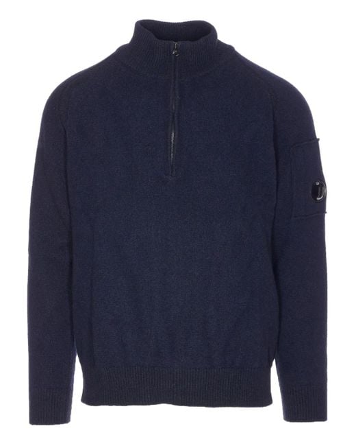 C P Company Blue Zip-Neck Logo-Patch Sweater for men
