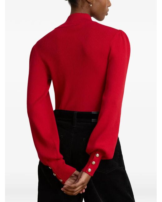 Ralph Lauren Red Button-Trim Ribbed-Knit Sweater