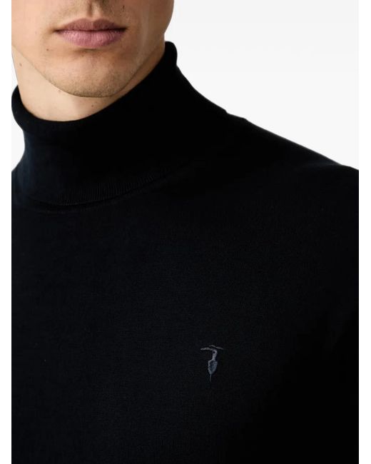 Trussardi Blue Roll-Neck Embroidered-Logo Sweater for men
