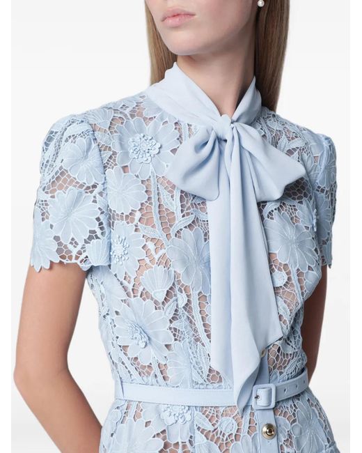 Self-Portrait Blue Guipure Lace Tie-Neck Midi Dress