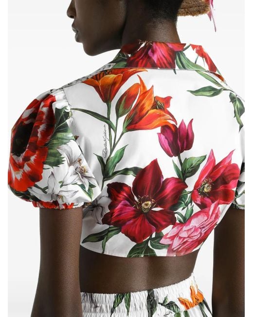 Dolce & Gabbana Red Floral Print Cotton Crop Shirt
