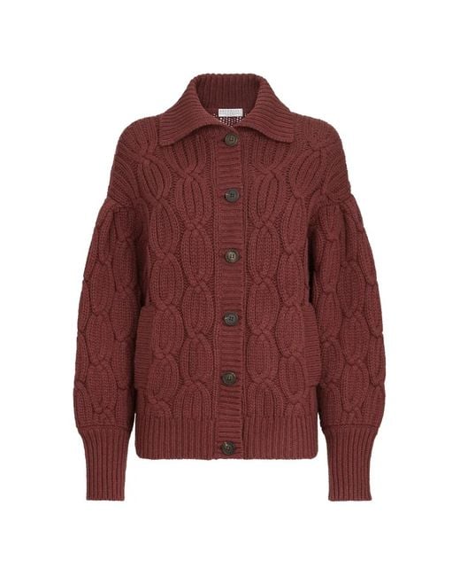 Brunello Cucinelli Red Cashmere Feather-Yarn Heritage Cable Cardigan