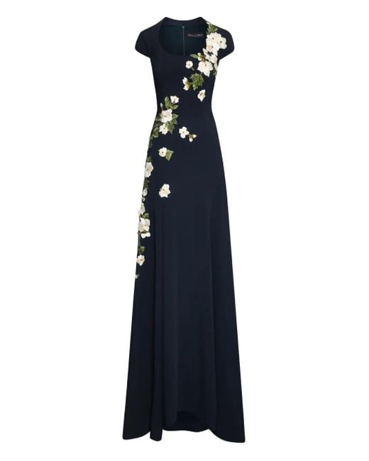 Robe Longue En Tulle À Fleurs Brodées Oscar de la Renta en coloris Blue