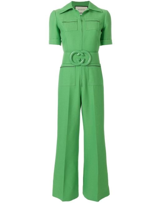 Gucci Green Wool Silk Belted Jumpsuit