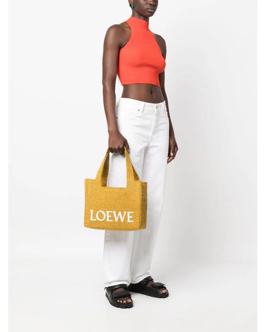 Loewe Metallic Small Font Raffia Tote Bag