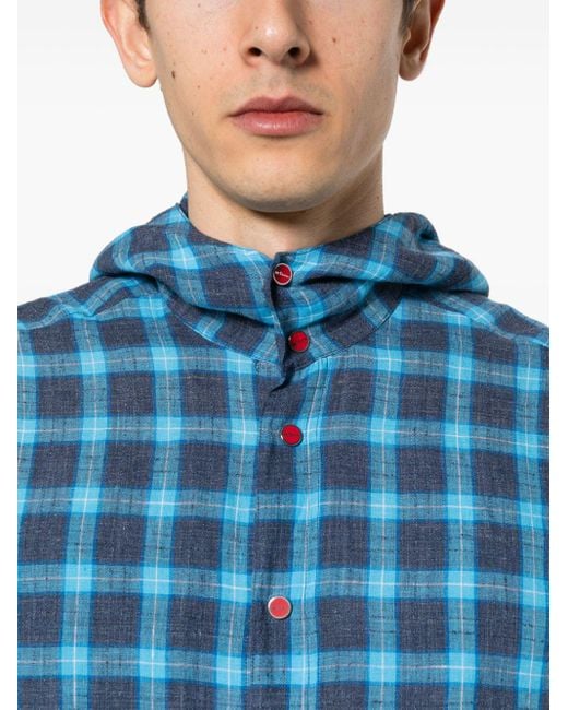 Kiton Blue Mariano Checked Hooded Shirt for men