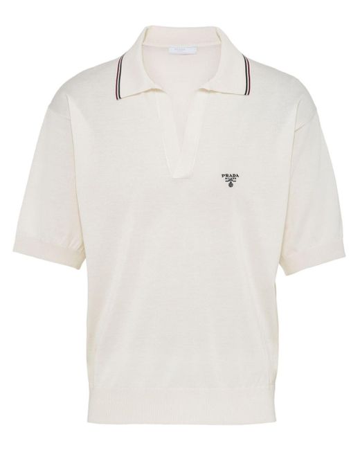 Prada White Logo-embroidered Knit Polo Shirt for men