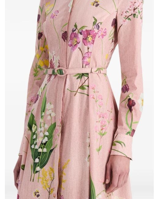 Oscar de la Renta Pink Botanical-Printed Belted Midi Shirt Dress
