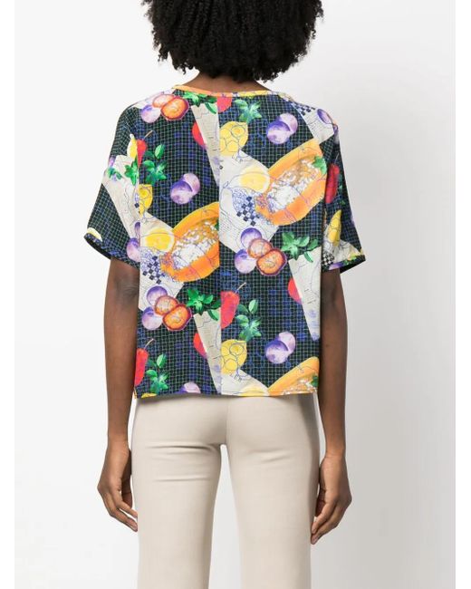 Henrik Vibskov Blue Graphic-Print Silk T-Shirt
